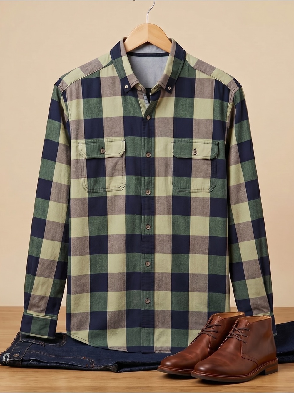 Ocean & Coast Men's Green & Chambray Blue Plaid Chest Pockets Button-Down Shirt